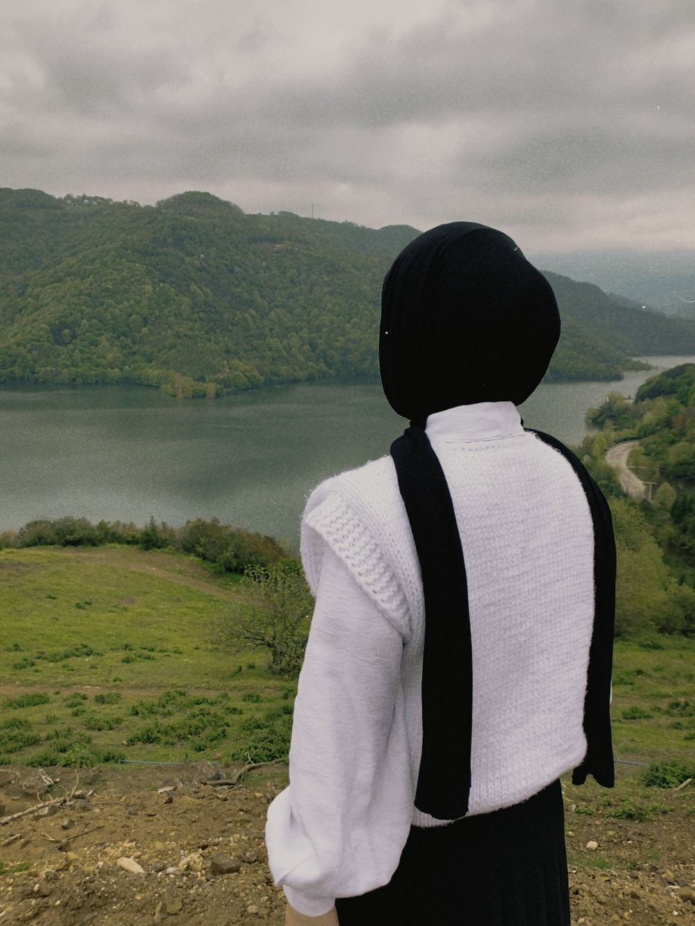 Femme voilée de dos, contemplant un paysage