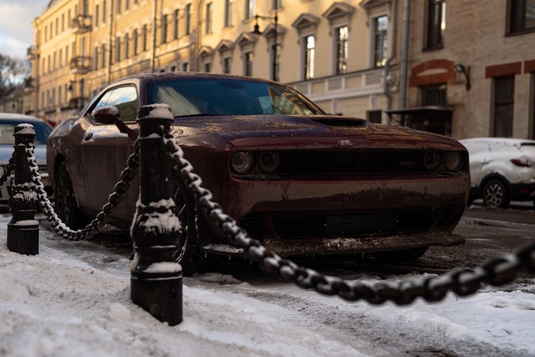 Parked Dodge Challenger In Winter