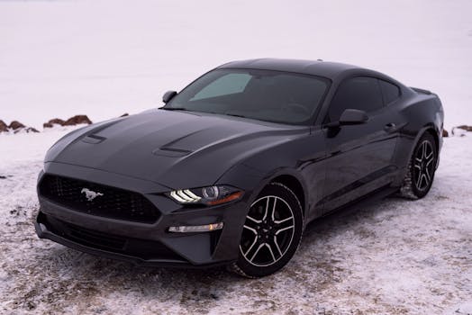 Sleek black Ford Mustang parked on a snowy landscape, showcasing winter automotive style.