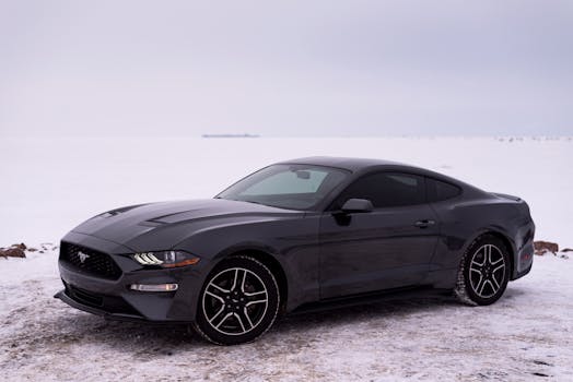 A sleek black Mustang parked on a snowy winter landscape, showcasing automotive elegance and style.