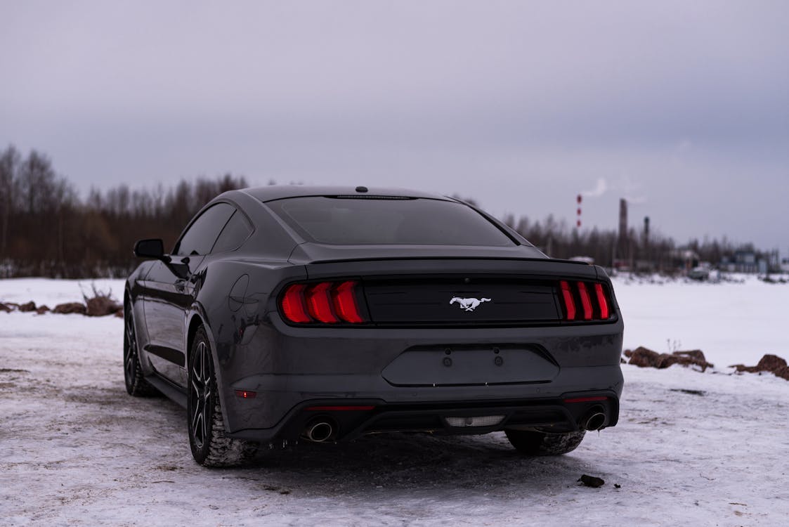 Rear View of a Black Ford Mustang Parked on a Rural Road · Free Stock Photo