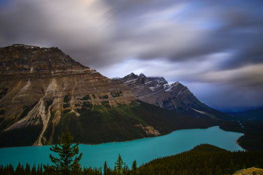 Captivating view of Peyto Lake and surrounding mountains in Banff National Park, Alberta, Canada.