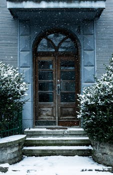 冬季，迷人的木制门口被积雪覆盖，周围点缀着绿色植物