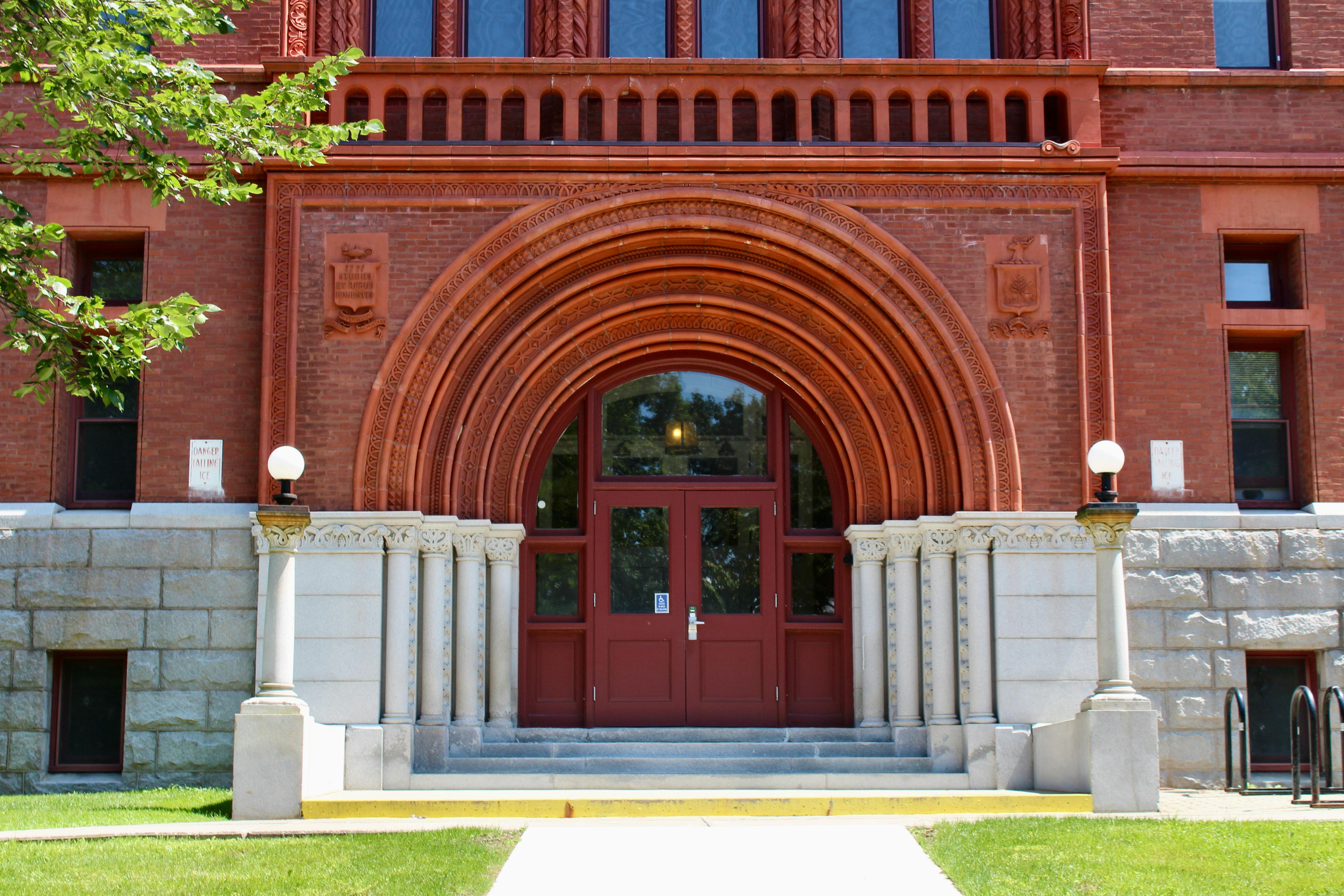 Stunning Gothic-style entrance at the University of Vermont's iconic building in Burlington, VT.