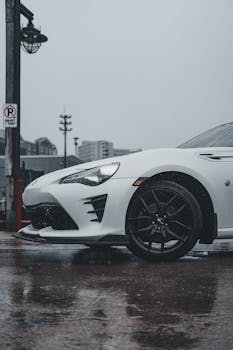 Close-up of the front wheel of a white sports car on a wet urban street during rain.