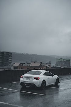 A sleek white sports car parked on a city rooftop in rainy weather amidst modern architecture.