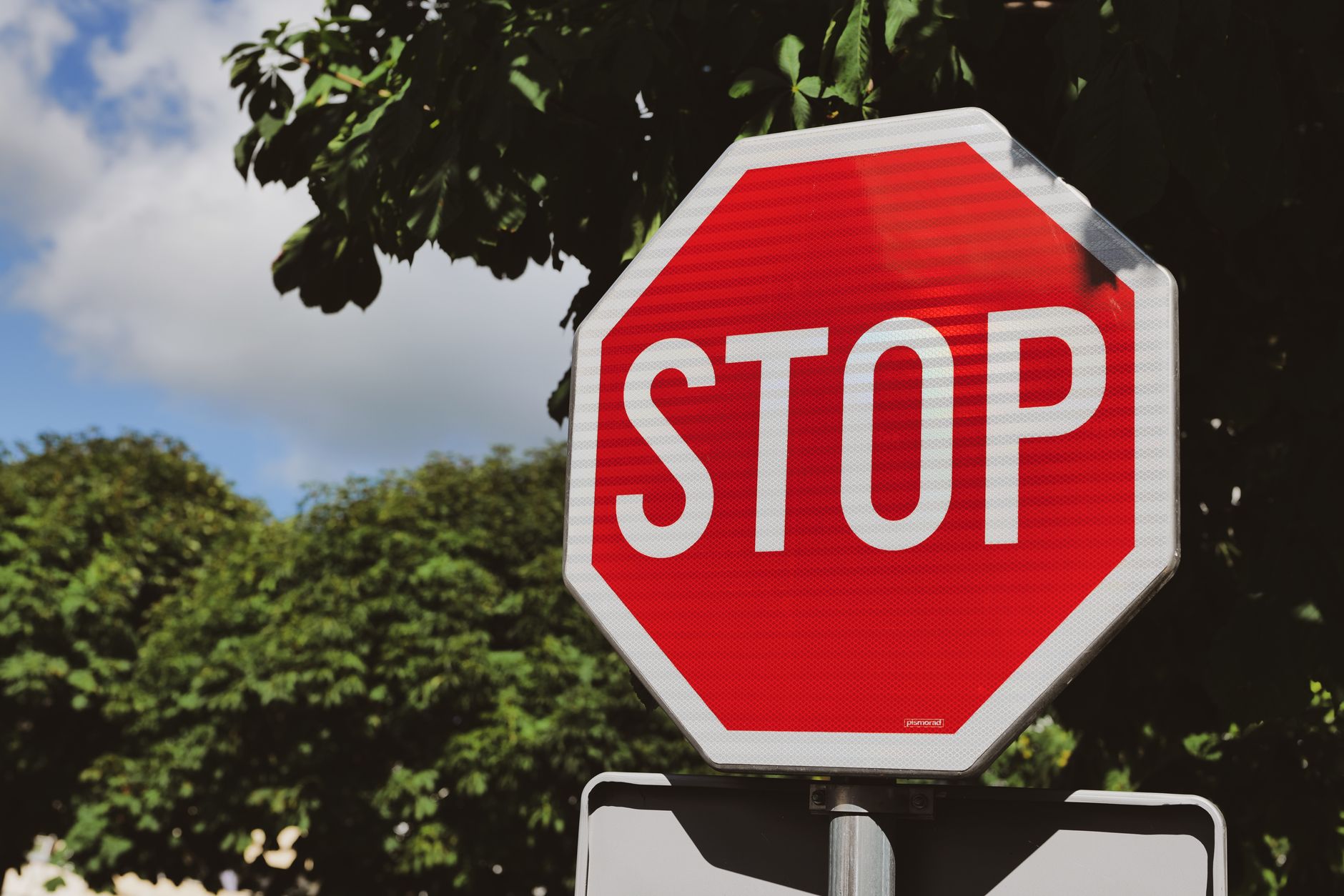 Close-up of a red stop sign against a backdrop of lush green trees and a clear sky.