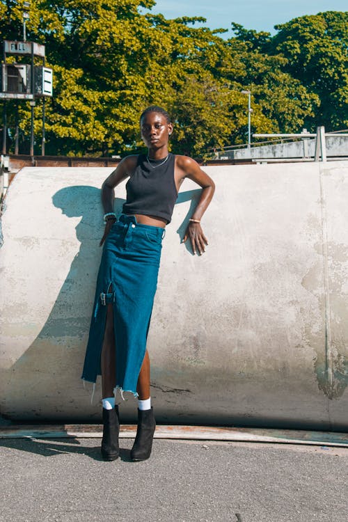 Model in Denim Skirt and model in denim skirt and tank top