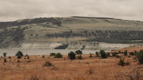 Free A tranquil scene featuring rolling hills and a river with grassy fields and distant cliffs. Stock Photo
