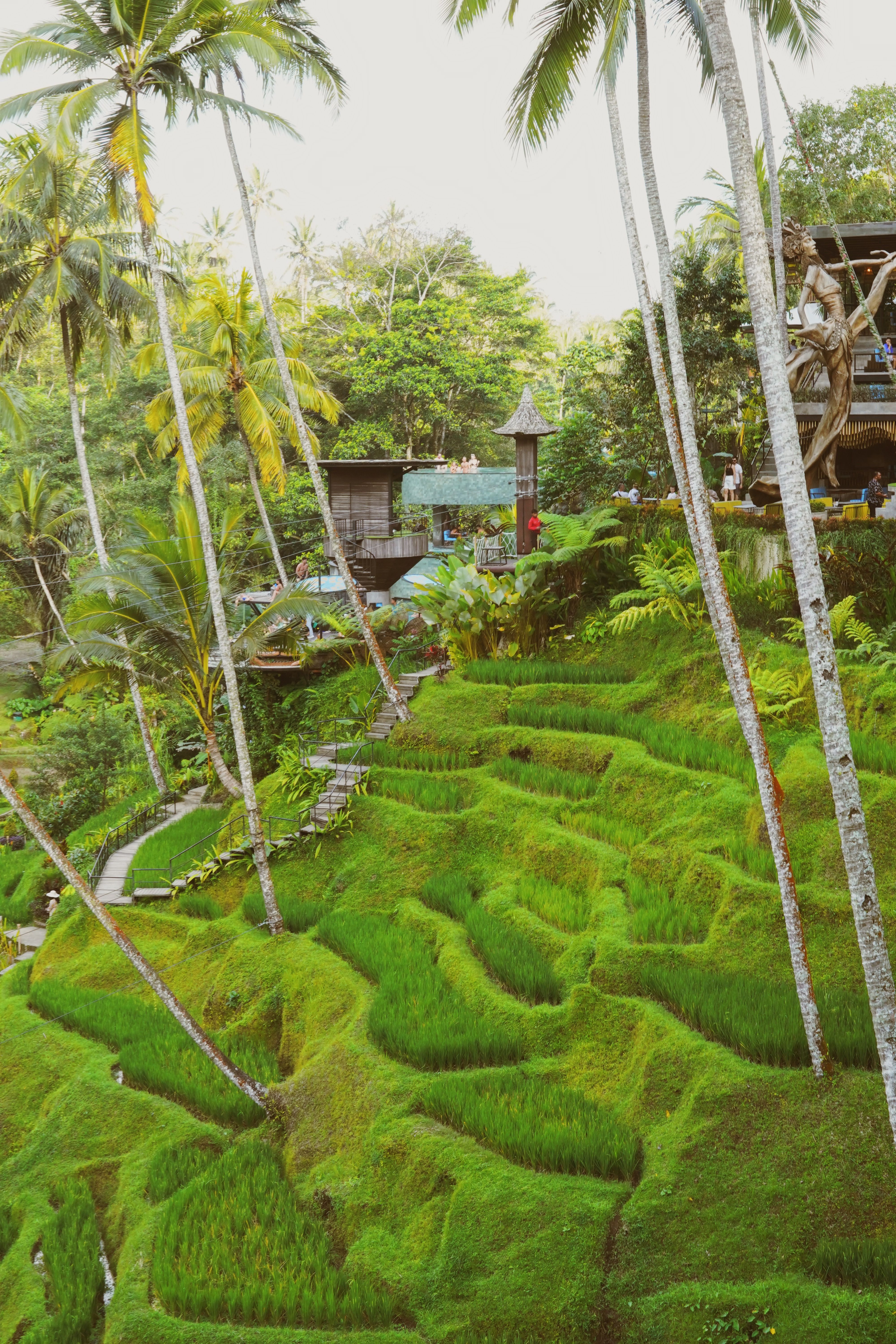 Open-air living pavilion of an Ubud villa with a rice terrace view near Tegalalang in Bali