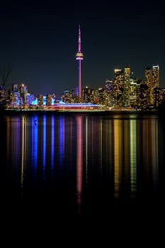 Breathtaking view of Toronto skyline illuminated at night, reflecting on calm waters.