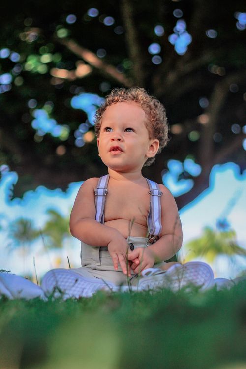 Free A cute toddler with curly hair sits on the grass under trees in Aracaju, Brazil, enjoying a sunny day. Stock Photo