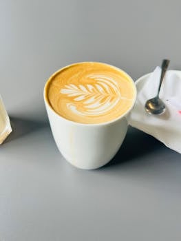 White cup of foamy espresso with elegant latte art on smooth surface.
