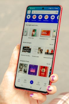 Close-up of a hand holding a smartphone with a design app, showcasing recent designs.