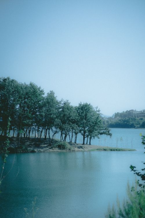 Free Peaceful view of a lake with tree reflections under a clear sky, creating a tranquil scene. Stock Photo
