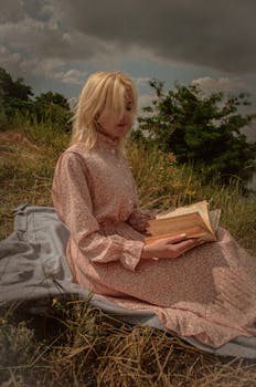 A woman in a vintage dress reads a book outdoors at sunset, surrounded by nature.