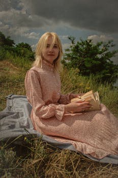 A woman in a vintage dress reading outdoors, enjoying leisure time in nature.