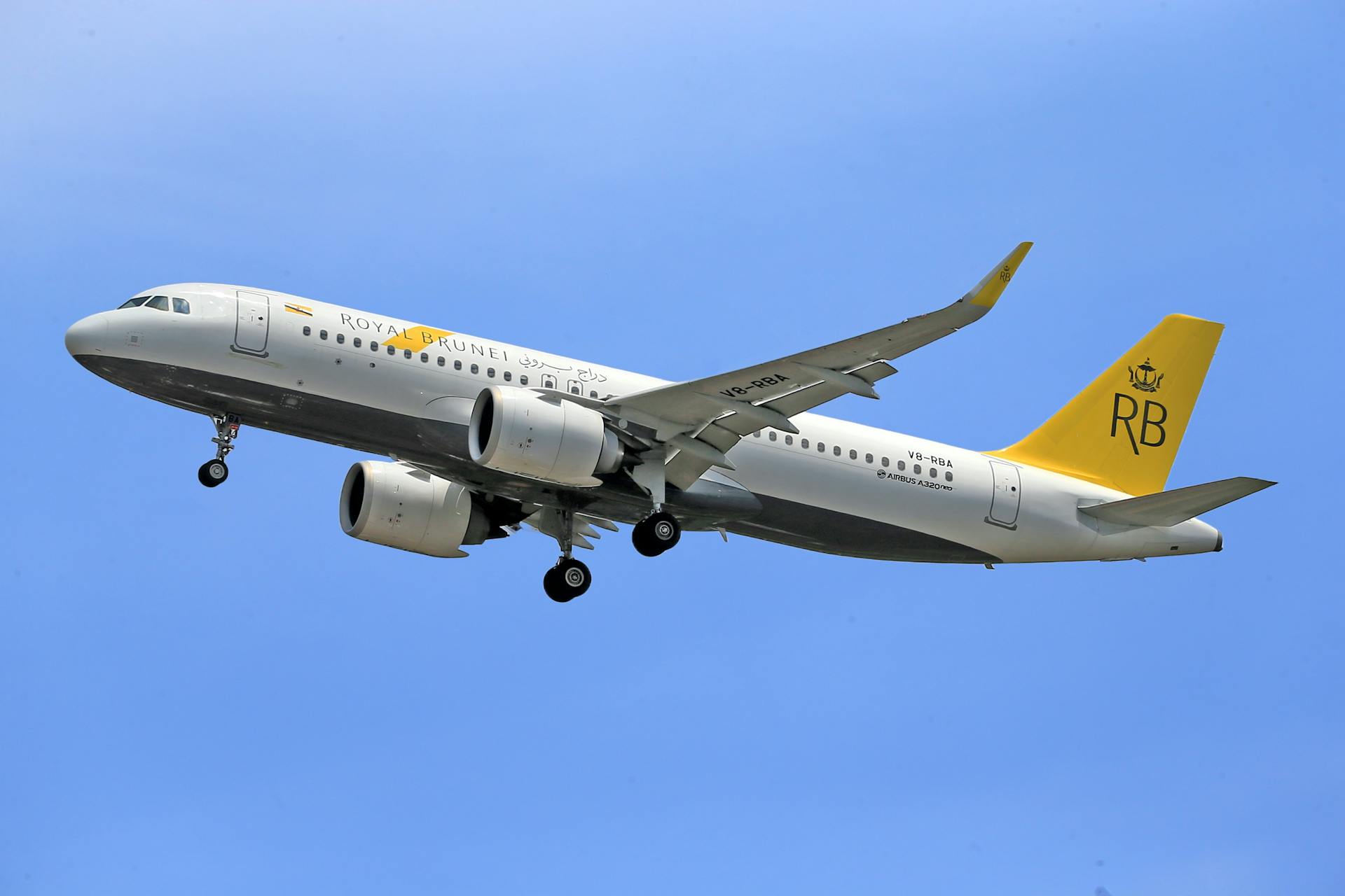 Royal Brunei Airlines aircraft soaring in clear blue sky, showcasing aviation excellence.