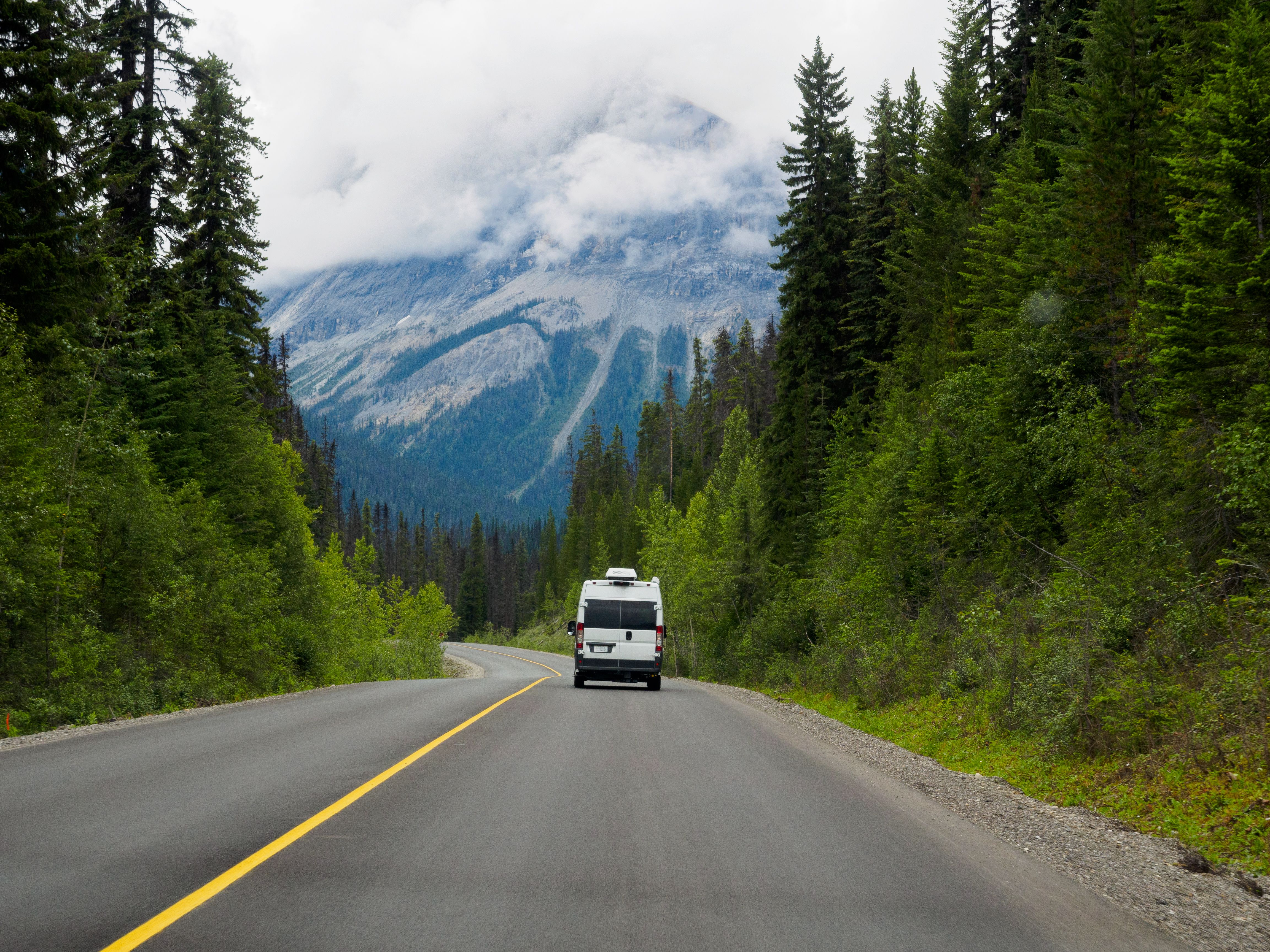 Van driving on a winding road through an evergreen forest with mountains behind.
