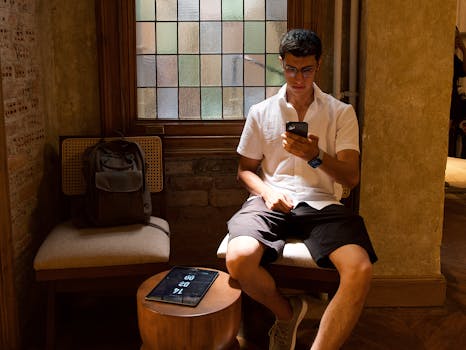 A young man focused on his smartphone inside a cozy cafe with natural lighting.