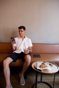Young man enjoying coffee and a croissant in a modern café, using a smartphone.