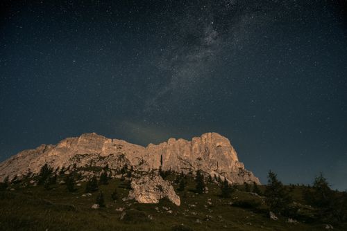 Free A breathtaking view of the starry sky over the rugged Dolomites at night. Stock Photo