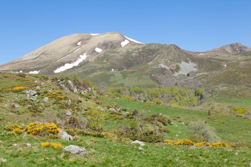 Free Beautiful spring landscape of Mont-Dore, with lush green hills and flowers in Auvergne, France. Stock Photo