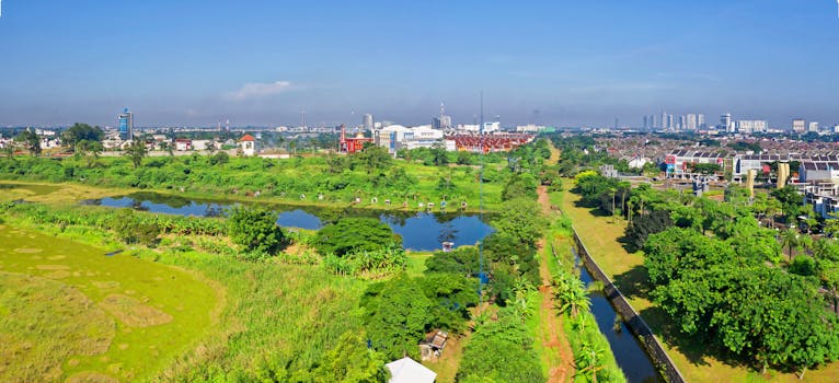 Scenic aerial view of greenery and cityscape in Pondok Aren, Indonesia.