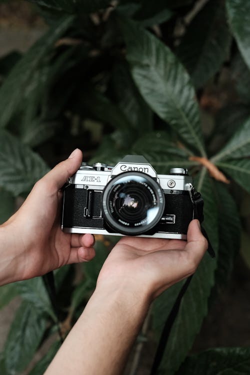 Close-up of a Person Holding a Canon AE-1 Film Camera 