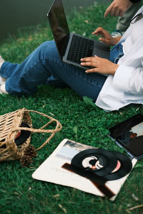 Free Woman sitting on grass using laptop, enjoying a relaxed outdoor work environment with a picnic touch. Stock Photo
