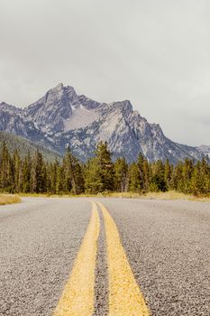 A picturesque road leading through a forest with majestic mountains under a cloudy sky.