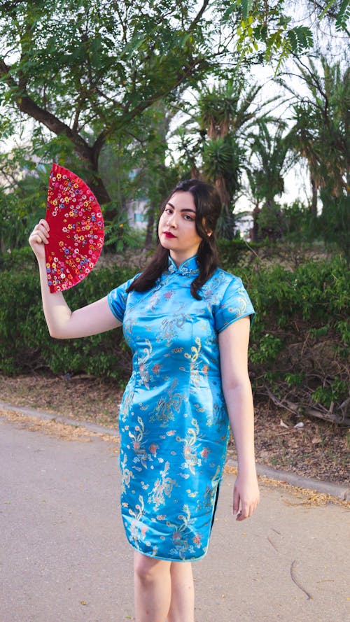 Gratis arkivbilde med blå kjole, cheongsam, håndvifte