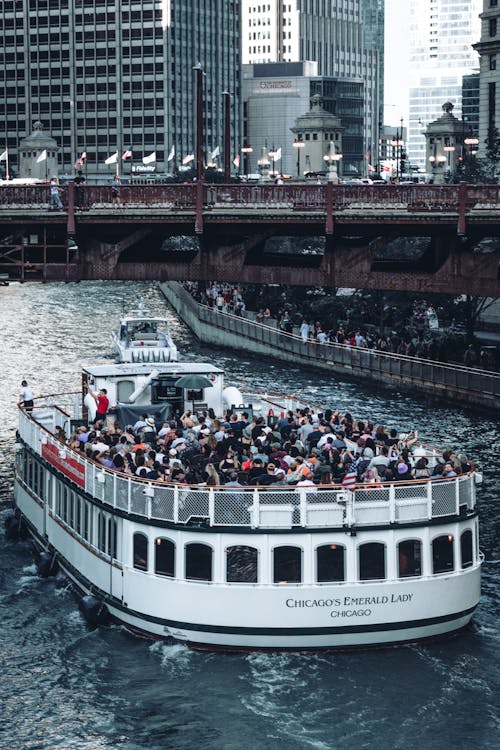 Free People on the Boat Tour on the Chicago River  Stock Photo