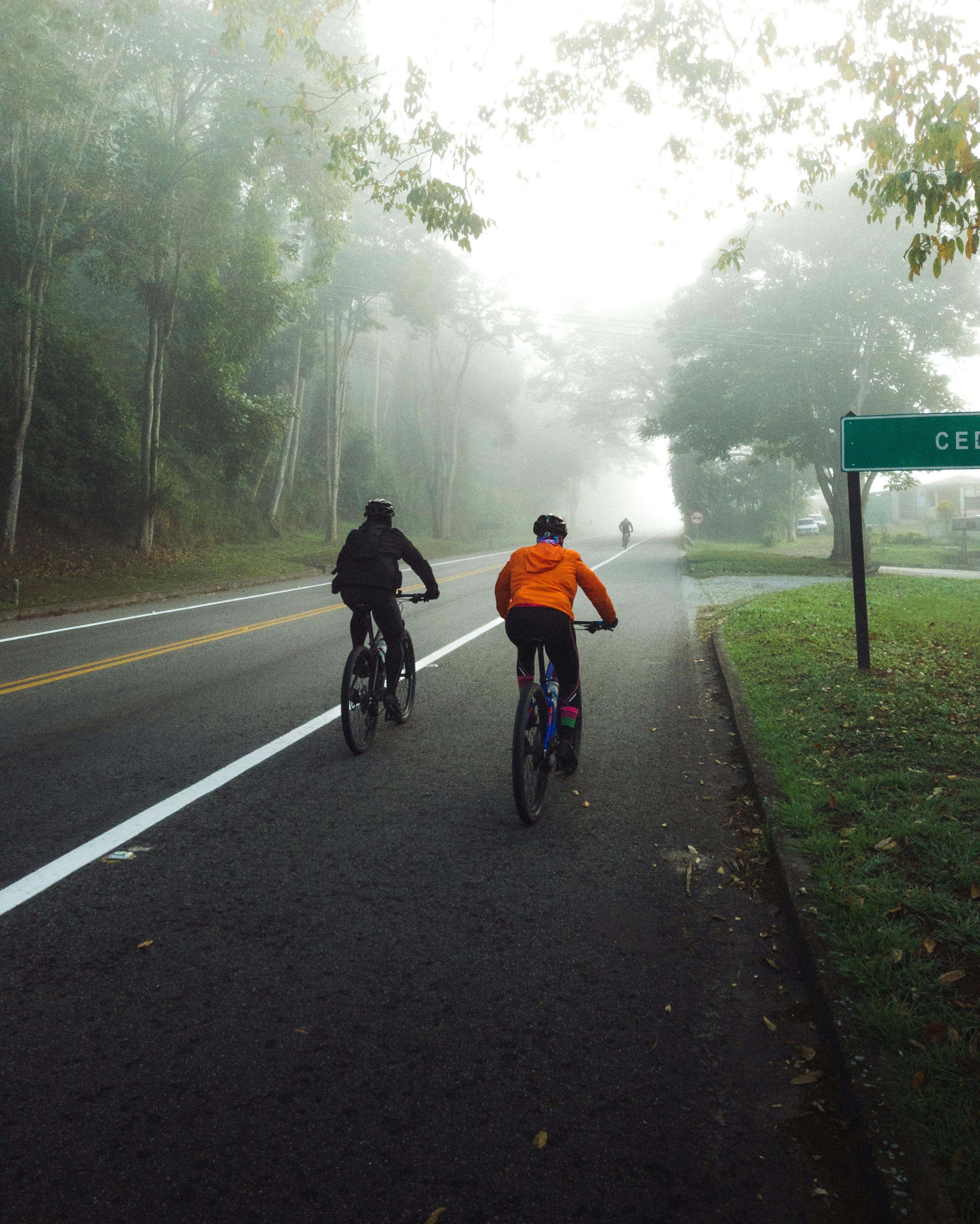 Two cyclists ride on a foggy road through a forested area, showcasing outdoor adventure.