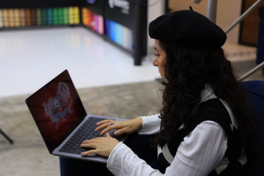 Stylish young woman in beret working on laptop indoors, embodying technology and fashion.