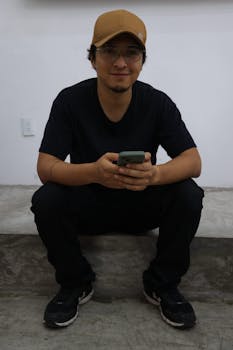 A young man in casual clothing sits indoors using a smartphone.