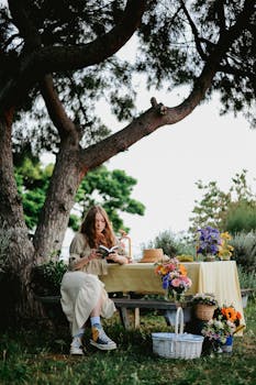 A redhead teenager enjoys a leisurely afternoon reading under a tree with flowers around.