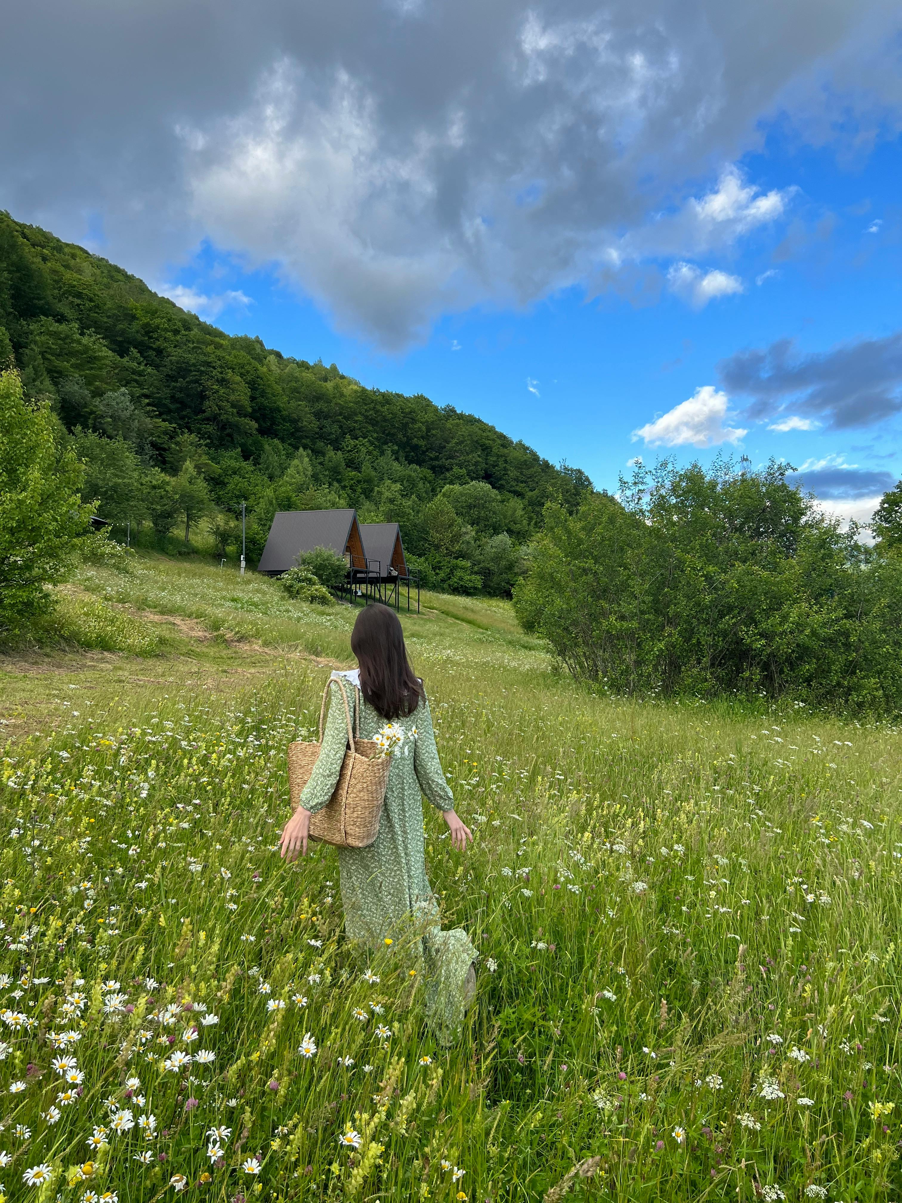 Woman in Green Dress Walking on Meadow with Flowers · Free Stock Photo
