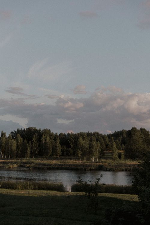 Free Peaceful lakeside scene featuring trees and a calm waterbody under a cloudy sky. Stock Photo