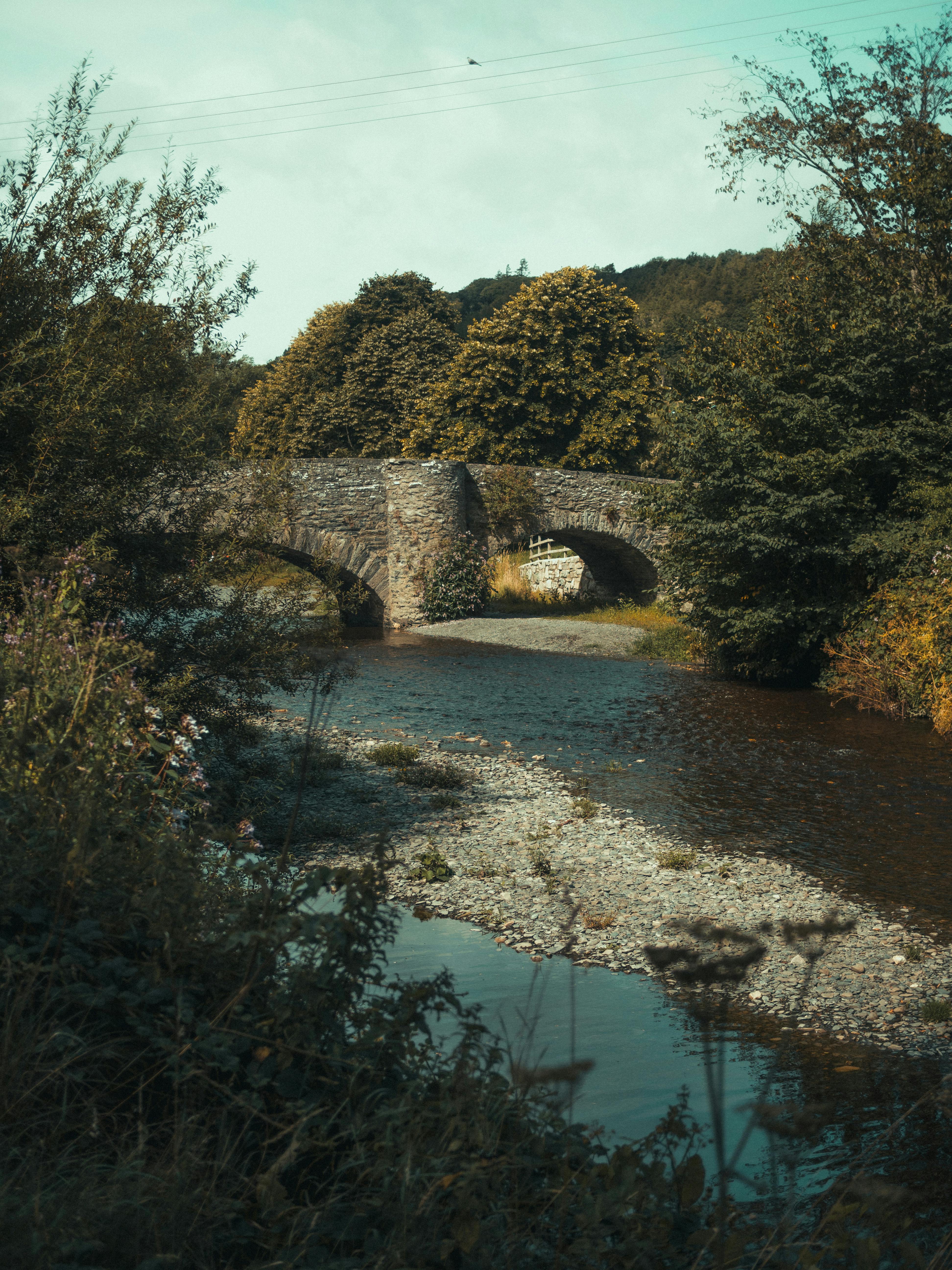 Charming stone bridge over a tranquil river in a lush forest setting, Llanfair Talhaiarn.