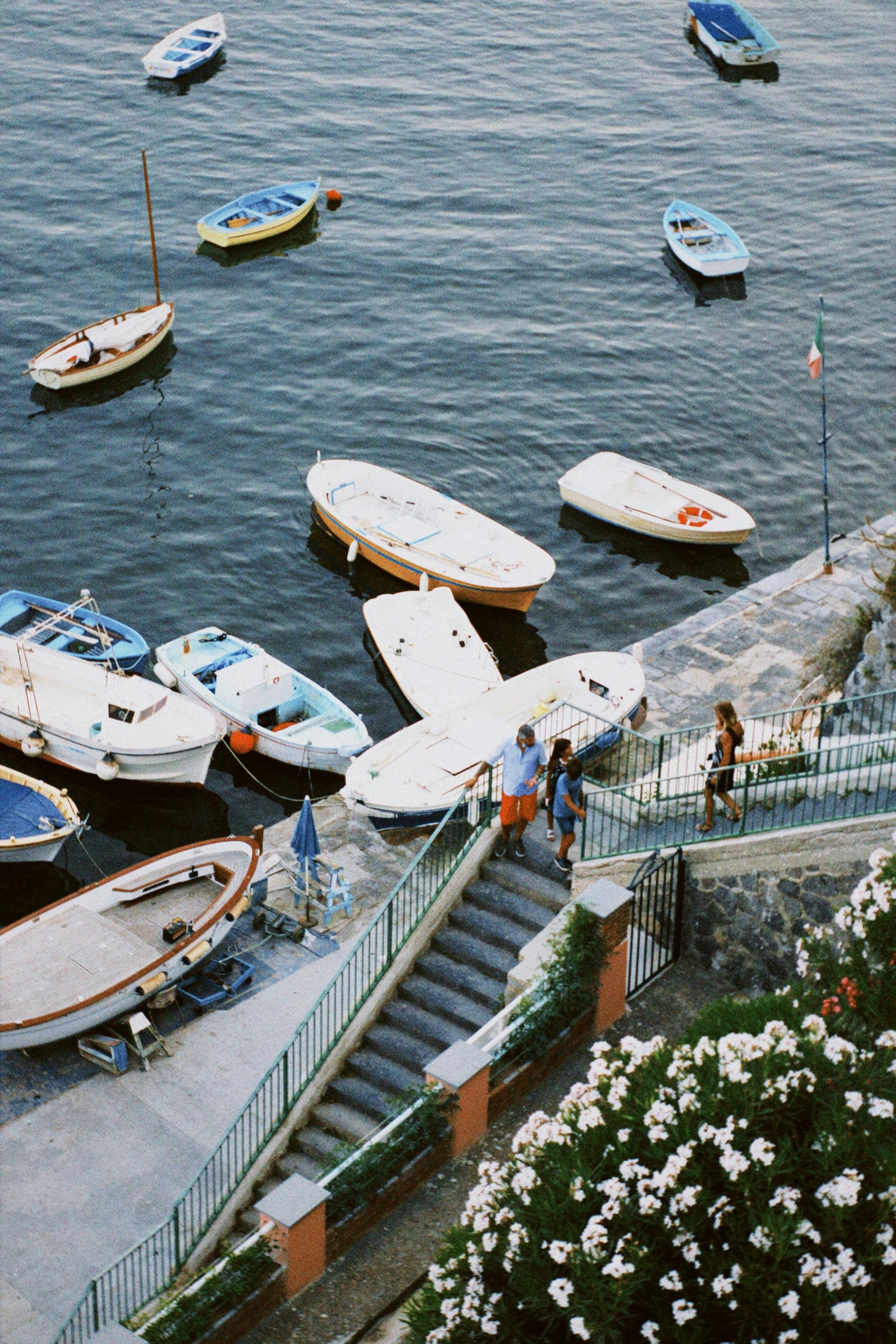 Charming harbor scene with boats moored by the waterfront, featuring blooming flowers and stone steps.