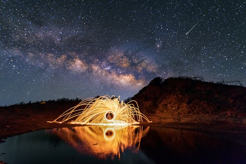 night sky with milky way.Swirl Steel Wool light Photography