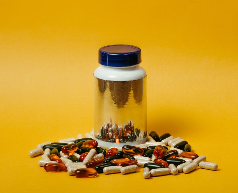 A variety of dietary supplements on a wooden table