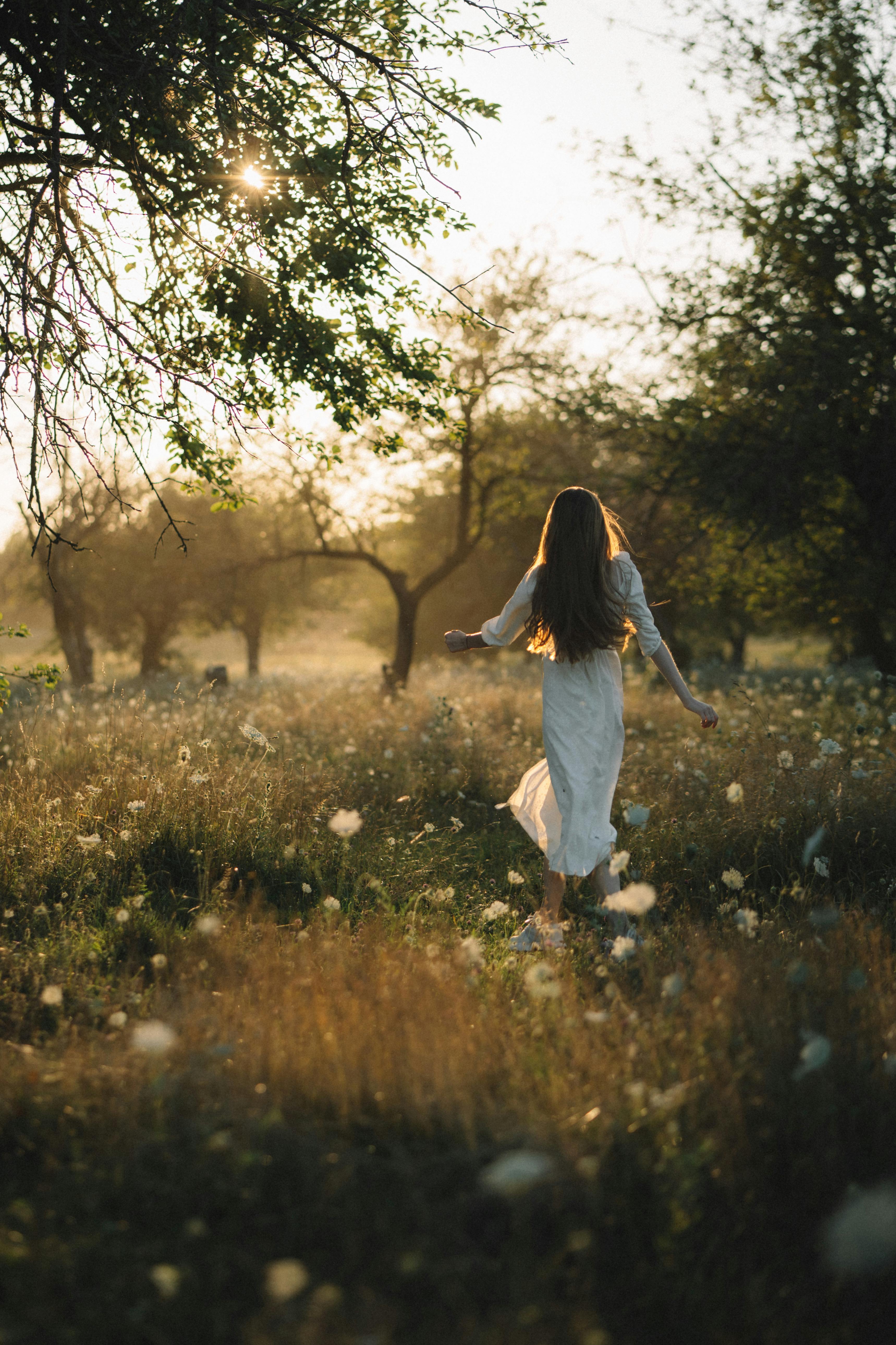 A woman in a flowing white dress walks through a sunlit meadow at sunset, surrounded by nature.