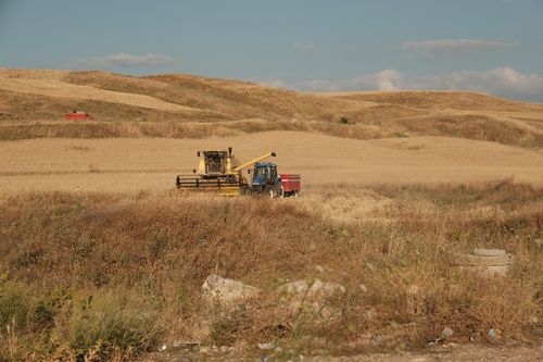 Free A tractor and harvester working in a golden field under a clear sky, showcasing rural farming life. Stock Photo