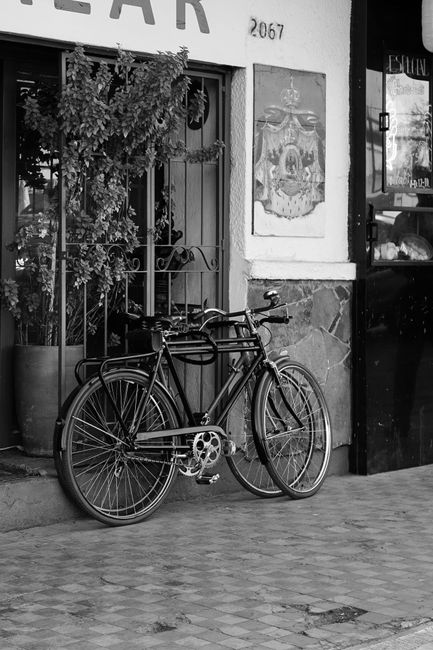 Classic bicycle leaned against urban wall provides a timeless black and white street view.
