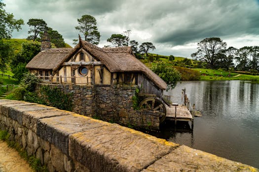 A picturesque thatched cottage with a water wheel by a serene lake, surrounded by lush greenery.