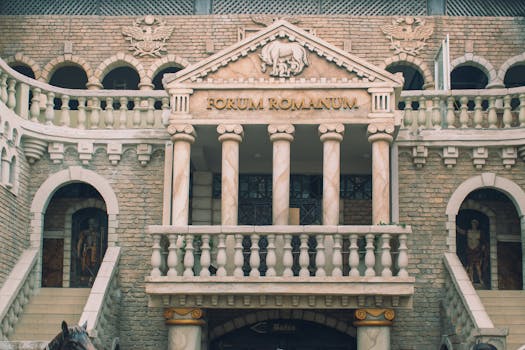 Elegant Roman-themed architectural facade at Chancay Castle, Peru.