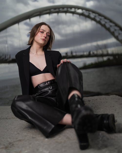 Model in Leather Black Pants