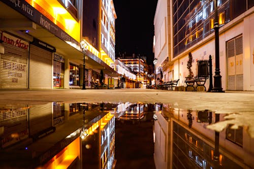 Empty Street between Illuminated Buildings Reflecting in a Puddle on the Ground 